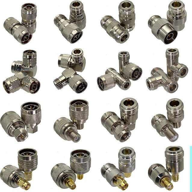 RF-Koaxialstecker Adapter Set mit N auf N, SMA und F Steckern und Buchsen in Silber, gerade und rechtwinklig - Bild 1