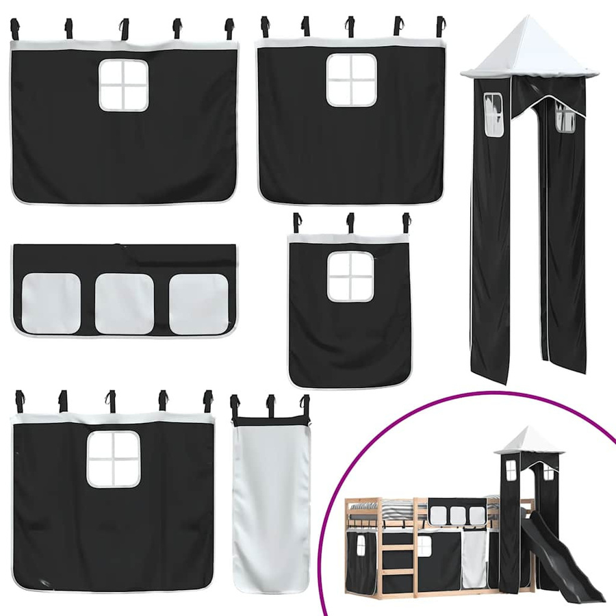 vidaXL Etagenbett für Kinder aus Kiefernholz mit Rutsche und Vorhängen in Weiß, Schwarz und Anthrazit, B/T/H: 80-90 x 190/200 cm - Bild 5