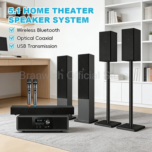 Branwish 5.1-Kanal-Heimkinosystem in Schwarz mit 200 W Spitzenleistung, Subwoofer, Bluetooth 5.0 und kabellosem Mikrofon für Heim-KTV - Bild 1