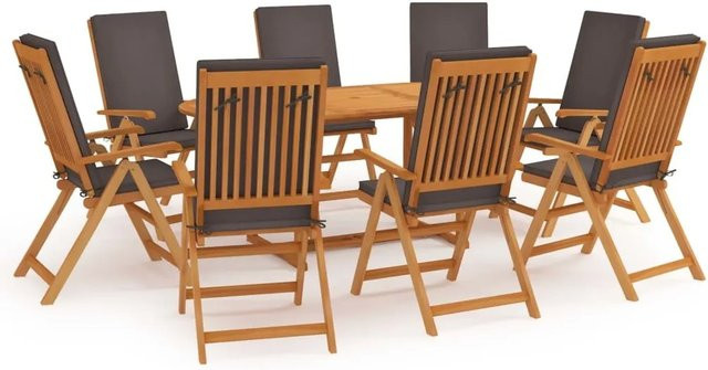 vidaXL 9-tlg Garten-Essgruppe aus Massivholz Teak in Grau und Braun mit Kissen - Bild 1