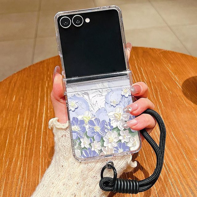 Handyhülle mit Ölgemälde Blumen und Lanyard für Samsung Galaxy Z Flip 7 FE, Z Flip 6, Z Flip 5, Z Flip 4, Z Flip 3 5G, transparente Klare Hülle, Multicolour - Bild 1