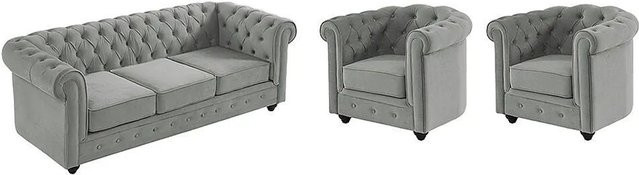 Vente-unique Chesterfield Couchgarnitur aus Samt und Stoff in Hellgrau bestehend aus einem 3-Sitzer-Sofa und einem Sessel mit Breite: 205 cm und Tiefe: 82 cm - Bild 1
