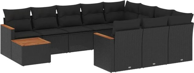 vidaXL 11-tlg. Garten-Sofagarnitur in L-Form aus schwarzem Poly-Rattan mit Kissen und pulverbeschichtetem Stahlgestell - Bild 1