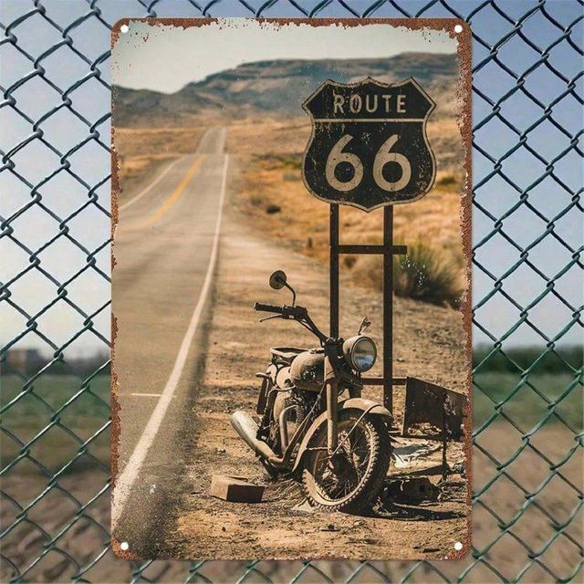 Vintage Route 66 Motorrad Metallblechschild von CIFBUY als Retro-Wanddeko für Garage, Bar oder Café - Bild 1
