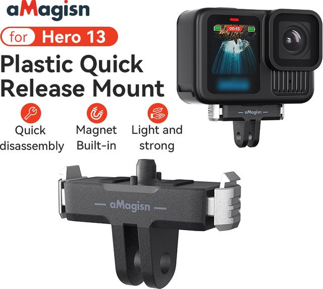 Magnetische Schnellwechselhalterung für GoPro Hero13 mit 2-poliger Halterung und Kunststoffadapter in Schwarz - Bild 1