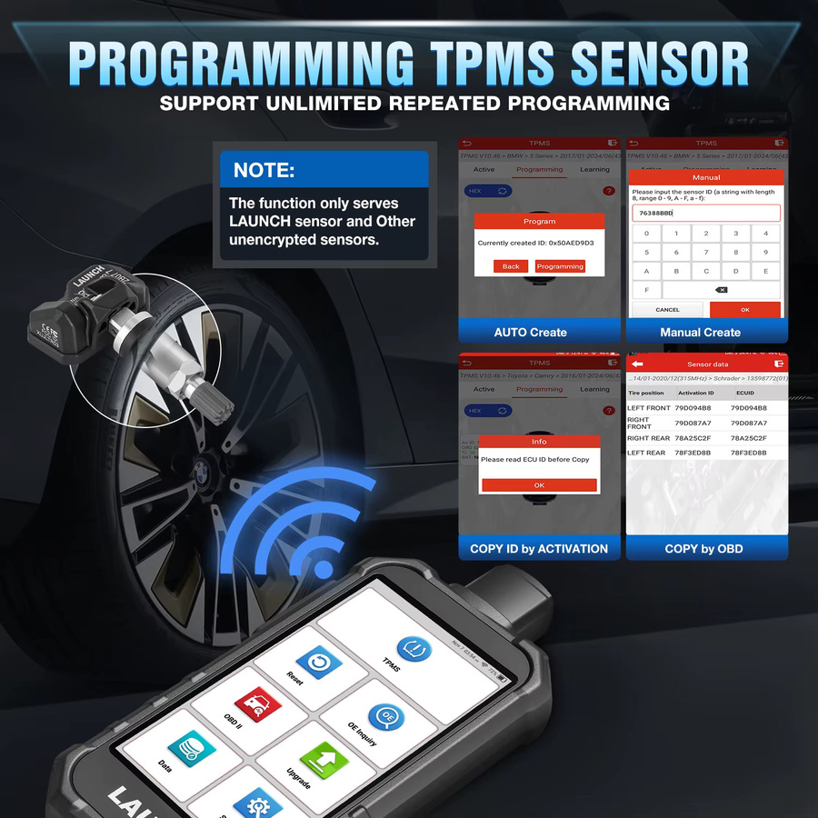 LAUNCH X431 CRT5011E V2 TPMS Reifendruck Diagnose-Tool in Schwarz zur Sensor-Aktivierung, Programmierung und zum Auslesen mit OBD2-Scanner für 315/433 MHz - Bild 4