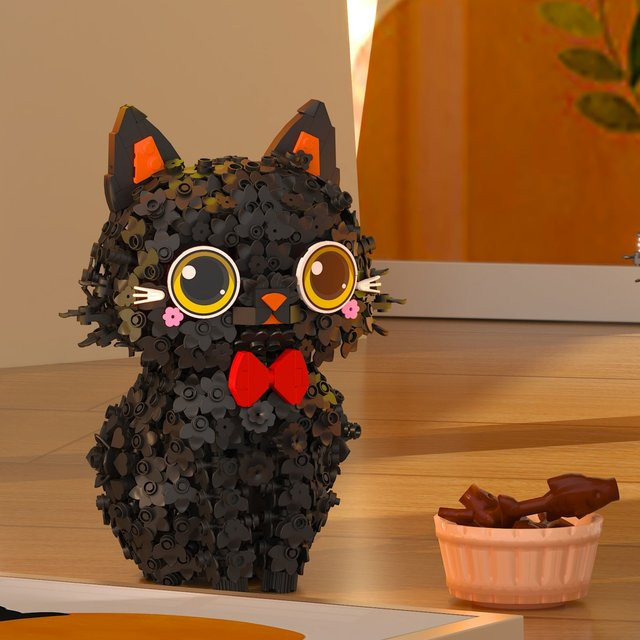 KNEW BUILT Mini-Baustein-Set Schwarze Katze mit Blütenblättern in Schwarz und Rosa/Pink aus Kunststoff - Bild 1