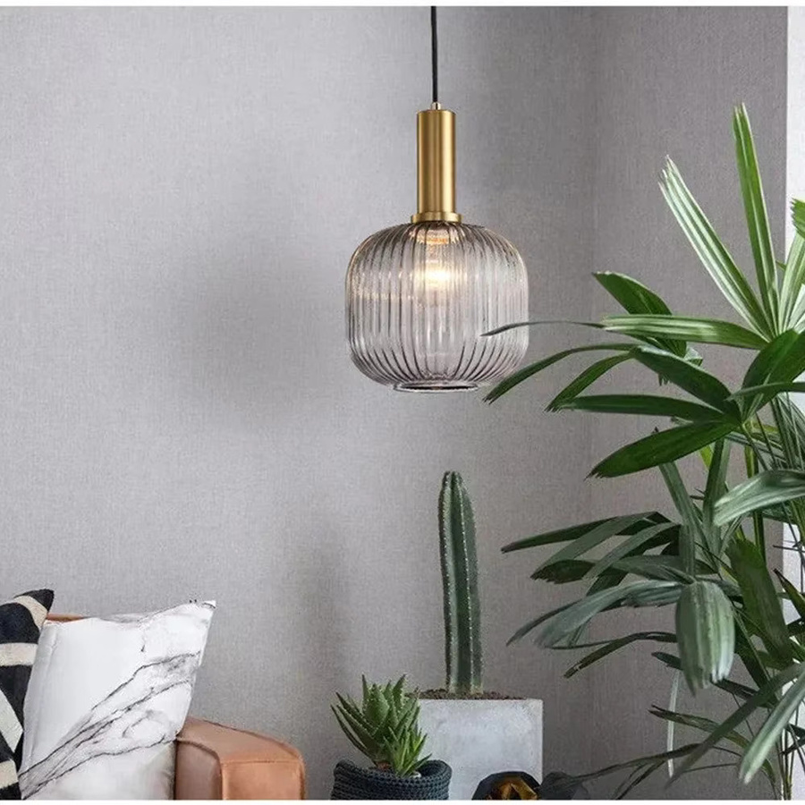 DARHYN Glas Pendelleuchte E27 in Rauchgrau mit Gold/Messing-Details für Küche, Esszimmer und Wohnzimmer - Bild 2
