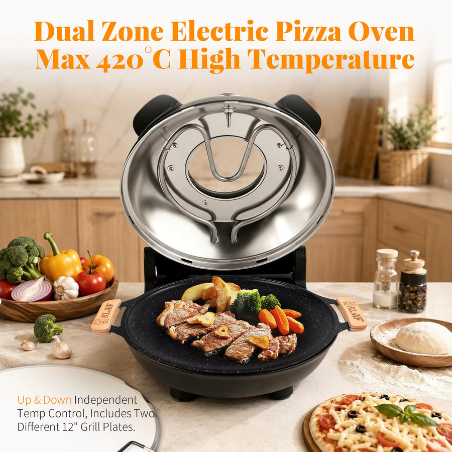 Klaif Pizzaofen in Schwarz mit Doppeltemperaturregelung, 420°C Maximaltemperatur, 12-Zoll-Pizzastein und Mineralsteinplatte - Bild 3