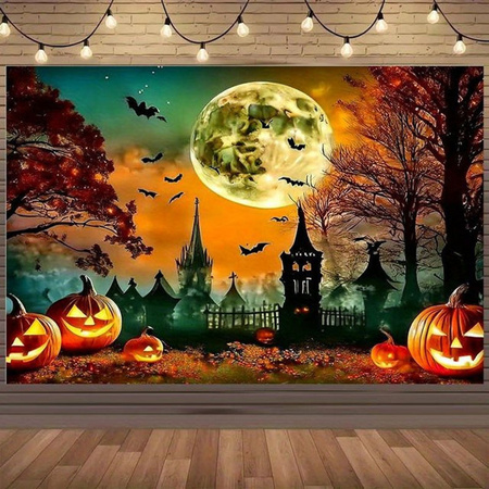 sjs Halloween 2D Hintergrund Dekoration mit Jack-O'-Lantern, Fledermäusen, Vollmond und Herbstbäumen, mehrfarbig, rechteckig