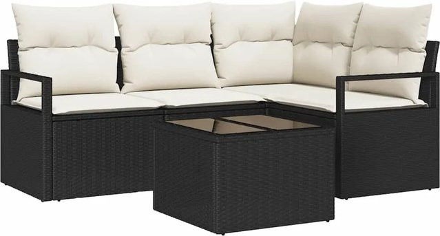 vidaXL Garten-Sofa-Set 5-teilig aus Polyrattan in Schwarz und Beige mit L-Form, Eckelement, Ottoman, Couchtisch und UV-beständigen Kissen für Garten, Terrasse oder Balkon - Bild 1