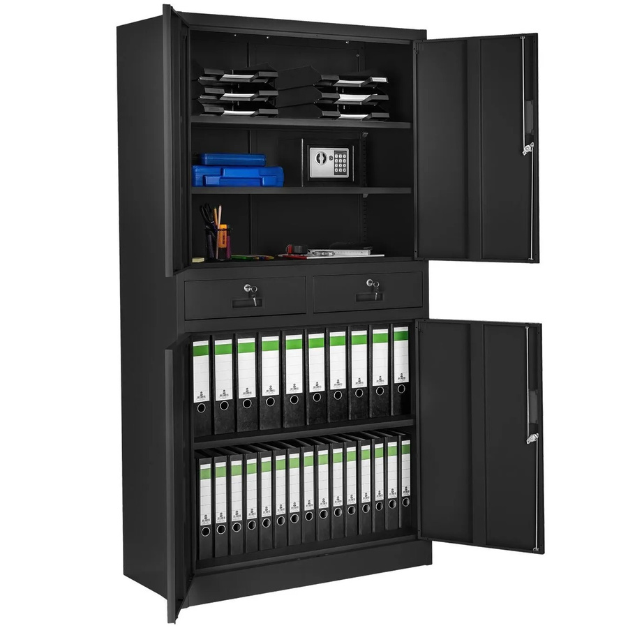 tectake Aktenschrank aus pulverbeschichtetem Stahl in Schwarz mit Türen, Schubfächern und höhenverstellbaren Einlegeböden, H x B x T: 180 x 80 x 40 cm - Bild 2