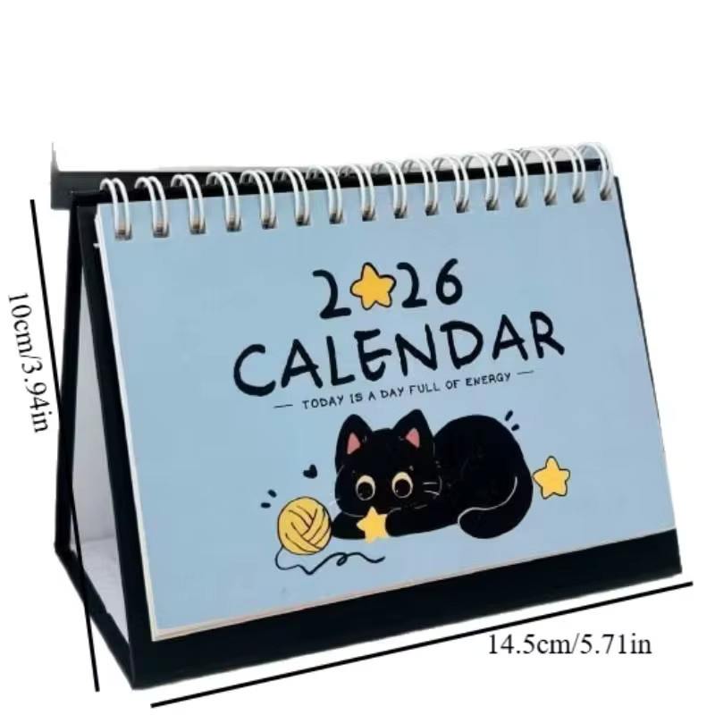 Desktop-Kalender und Planer 2026 mit Katzenmotiv, zweisprachig Englisch/Chinesisch, Monats- und Wochenplaner, Blau, Spiralbindung - Bild 1