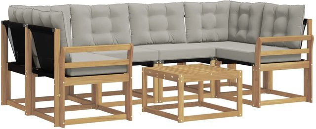 vidaXL Outdoor-Sofagarnitur 7-teilig in L-Form aus Akazienholz mit Textilene-Bezug und Kissen, Weiß-Hellgrau - Bild 1