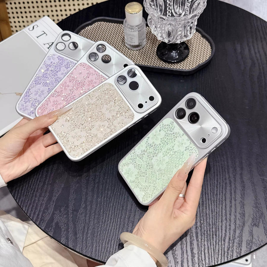 RPKKS Handyhülle mit Glitzer, Spitze und Blumenmuster für iPhone 17 16 15 14 Pro Max in Pink mit silbernem Rand, Linsenschutz und Wärmeableitung - Bild 3