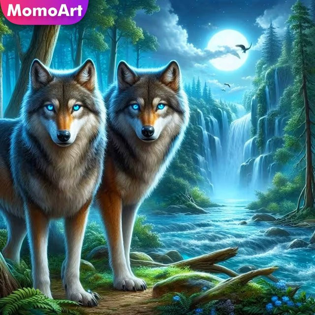 Momoart DIY Diamant-Mosaik Set Wolf und Mond Wandkunst mit runden Steinen in Multicolour - Bild 1