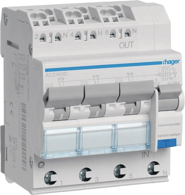 Hager RCBO Fehlerstrom-Leitungsschutzschalter 10A 3-polig + N blau - Bild 1