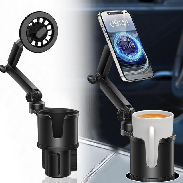 Magnetischer Auto-Getränkehalter mit 360-Grad-drehbarer Telefonhalterung in Schwarz - Bild 1