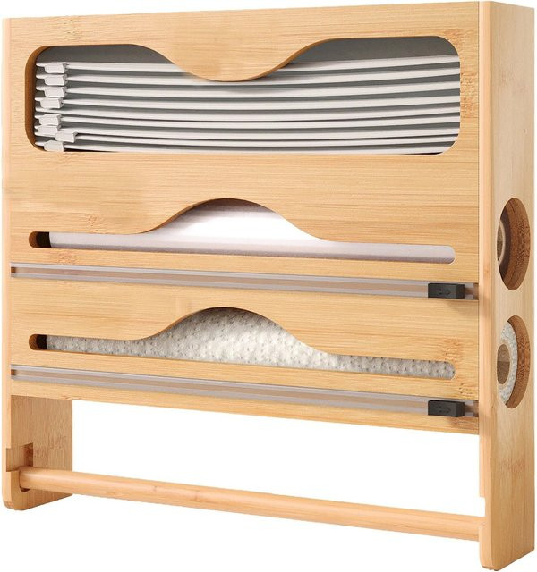 Relaxdays Wandrollenhalter aus Bambus in Natur mit Schneidfunktion, B/T/H: 33 x 34,5 x 7 cm - Bild 1