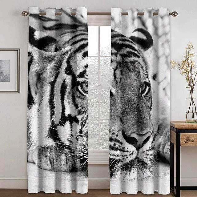 2er-Set 3D Wildtier Vorhänge mit Löwe, Tiger und Leopard in Blau und Grau, semi-transparent mit Ösen, Höhe: 130 cm, Breite: 100 cm - Bild 1