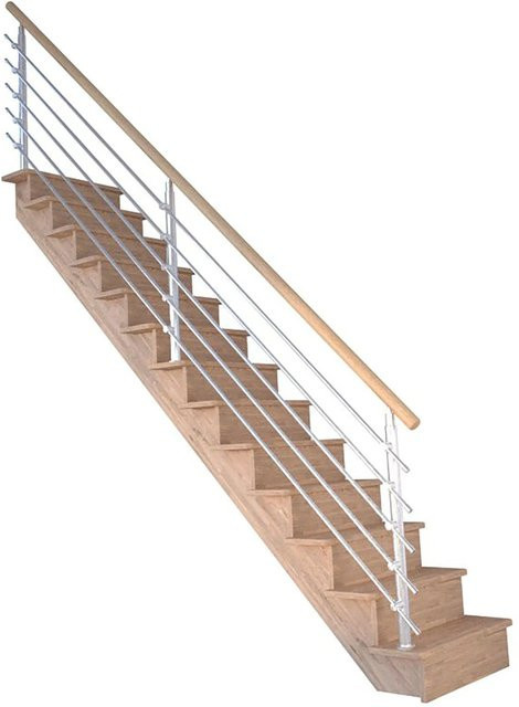 StarWood Treppe Lindos Pro Eiche Gerade in Braun mit Setzstufen und Edelstahl-Design-Geländer, Breite: 80 cm - Bild 1