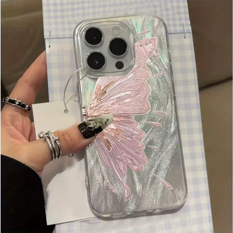 Rosa Schmetterling Handyhülle aus Federgarn für Apple iPhone passend für verschiedene Modelle - Bild 5
