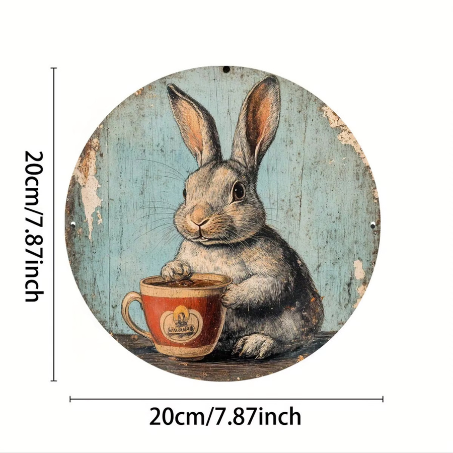 Rundes Aluminiumschild Potdemiel im Vintage-Kaninchen-Kaffee-Design, Metall-Wandkunst für Café und Küche, Durchmesser: 20,3 cm, Mehrfarbig - Bild 2