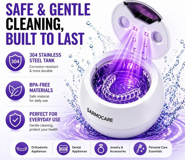 Sarmocare Ultraschall-Reinigungsgerät für Zahnspangen und Schmuck in Weiß mit 200 ml Fassungsvermögen und digitalem Timer - Bild 1