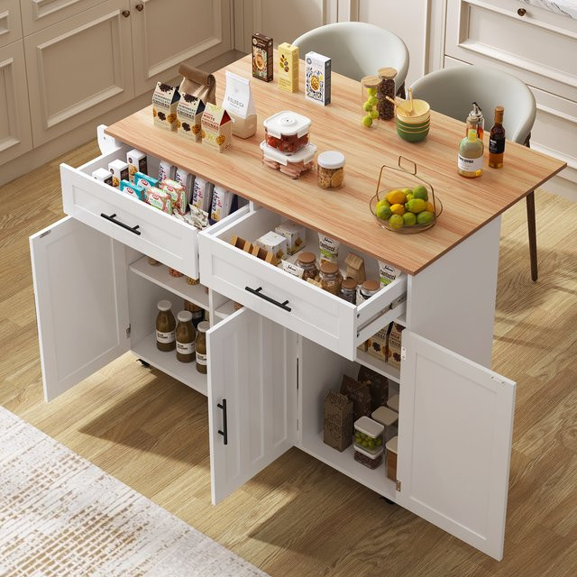 Rbefeuly Kücheninsel mit klappbarer Tischplatte in Weiß, moderner Speisewagen mit Rollen, Aufbewahrungsschränken und 2 Schubladen, B/T/H: 129 x 46 x 91,5 cm - Bild 1