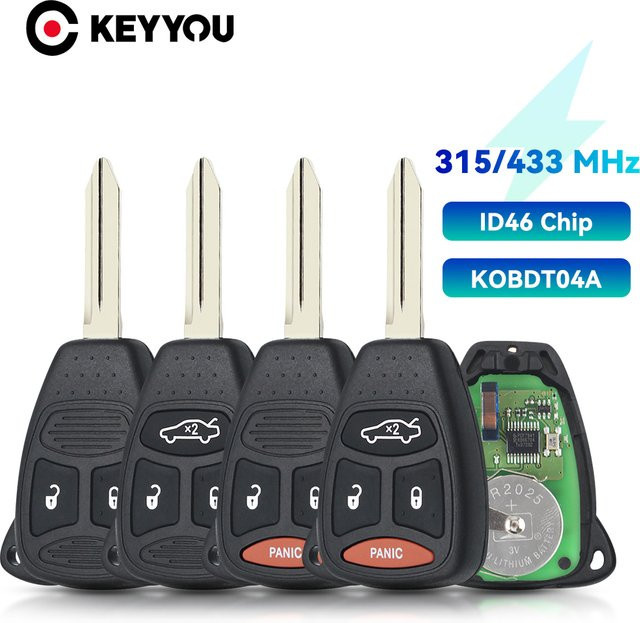KEYYOU Fernbedienung Auto Schlüssel für Dodge RAM, Jeep Commander, Kompass, Grand Cherokee, Liberty, Wrangler und Chrysler, Farbe: Schwarz, Modell: KOBDT04A, ID46, 315/433MHz - Bild 1