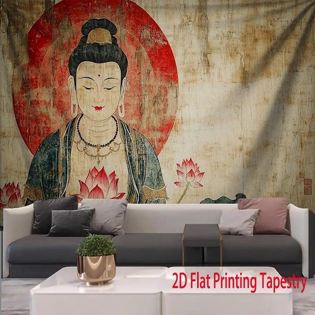 Vintage Guanyin Wandteppich mit Lotusblume und buddhistischer Kunst, Stoffposter von JMG Household Supplies, Mehrfarbig, Breite: 100 cm, Höhe: 150 cm - Bild 1