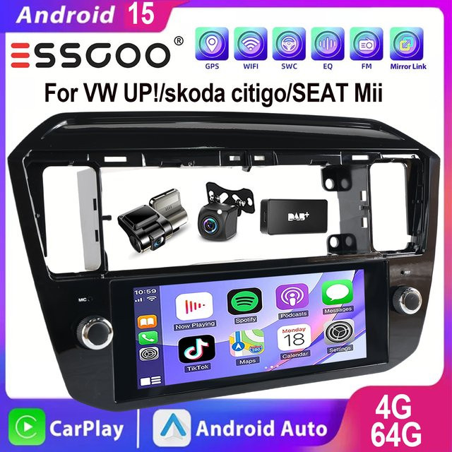 ESSGOO Kabelloses Android 15 Autoradio mit 6,86 Zoll IPS-Touchscreen, CarPlay und Android Auto, GPS, WLAN, Bluetooth und Mirror Link für VW UP, E-UP, Seat Mii, E-Mii, Skoda E-citigo, Schwarz - Bild 1