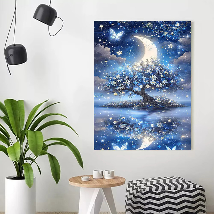 QIZITENG DIY Diamant-Malerei Mond-Baum-Landschaft in Blau, 30 x 40 cm - Bild 2