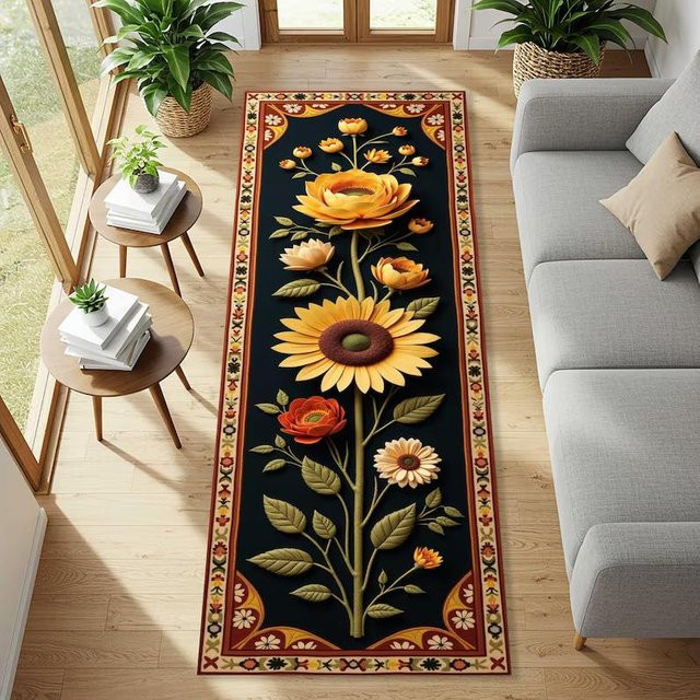 Lodestar Sonnenblumen Läufer Teppich mit Blumenmuster, Vintage Cottagecore Design, rutschfest und waschbar, B/H: 45 x 75 cm, Höhe: 1 cm - Bild 1