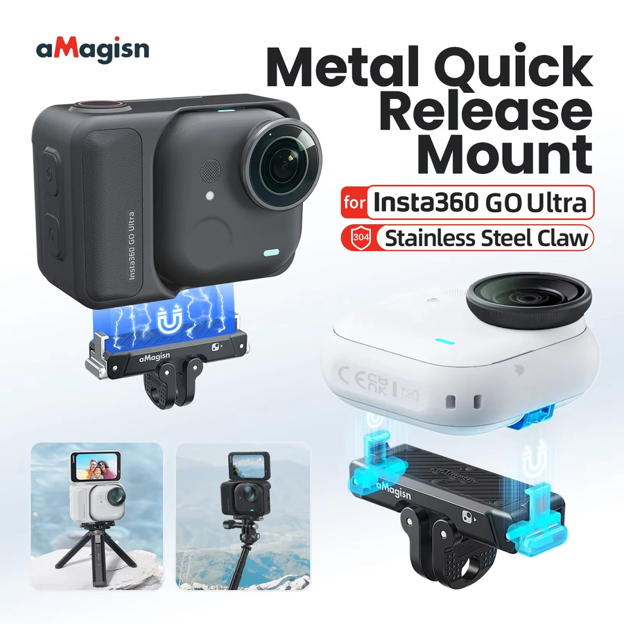 aMagisn Kamerakäfig aus Metall für Insta360 Go Ultra mit Schnellverschluss-Halterung, horizontalem und vertikalem Rahmen sowie 2 Kaltschuh-Schnittstellen in Schwarz - Bild 2