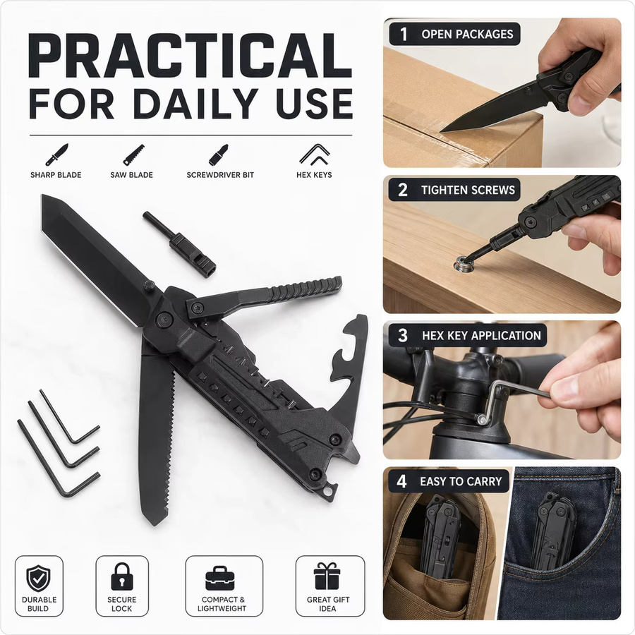 Klappbares Multifunktionswerkzeug in Schwarz mit Universalmesser, Säge, Schraubendreher-Bits und Sechskantschlüssel-Set für Outdoor und Camping - Bild 4