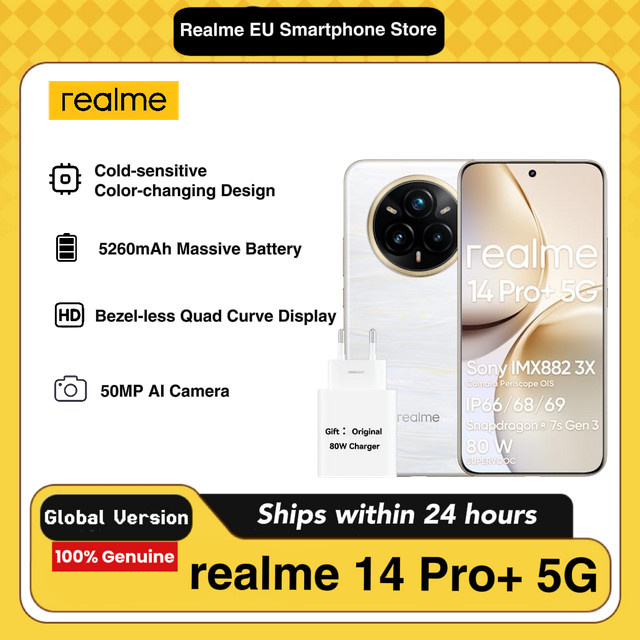 realme 14 Pro+ 5G Android-Smartphone in Grau mit 256 GB Speicher, Sony IMX896 OIS-Kamera, Qualcomm Snapdragon 7s Gen 3, 6,83 Zoll 120-Hz-Display und 5260-mAh-Akku - Bild 1