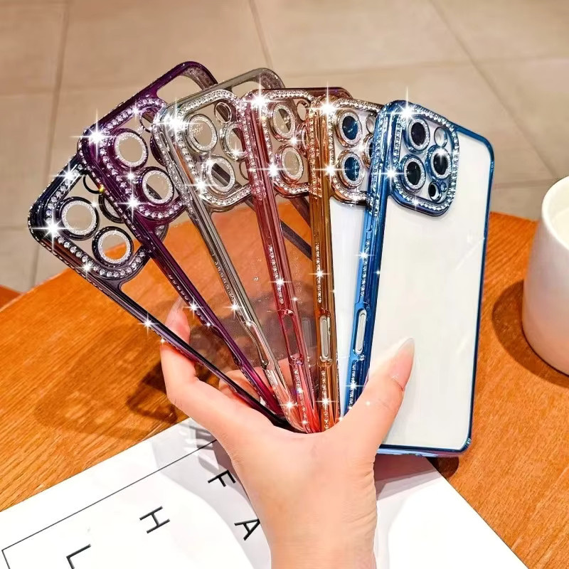 EHUIDE Diamant-Kristall Schutzhülle für iPhone 16 15 14 13 12 11 Pro Max Plus 17 Air 16E, glitzernde und stoßfeste TPU-Hülle in Transparent und Blau - Bild 1