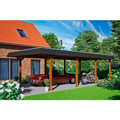 Skan Holz Carport Wendland in Nussbaum mit Alu-Dach und Blende in Schwarz, B/T: 409 x 870 cm, Firsthöhe: 247 cm - Bild 2