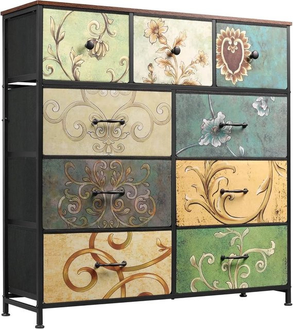 PXloue Sideboard mit 9 Stoffschubladen im Floral-Vintage-Design, Kommode für das Wohnzimmer, Mehrfarbig, B/T/H: 100 x 30 x 100 cm - Bild 1