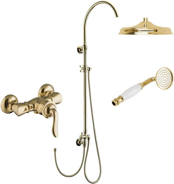 PaulGurkes Retro Duschsystem in Gold mit Regendusche und Handbrause als Aufputz-Einhandmischbatterie - Bild 1
