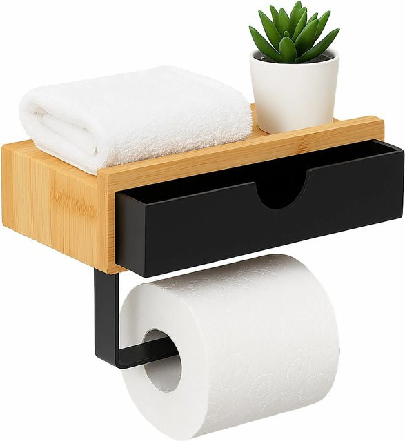 Relaxdays Toilettenpapierhalter aus Bambus und Metall mit Ablage, Schwarz, B/T/H: 13 x 18,5 x 10,5 cm - Bild 1