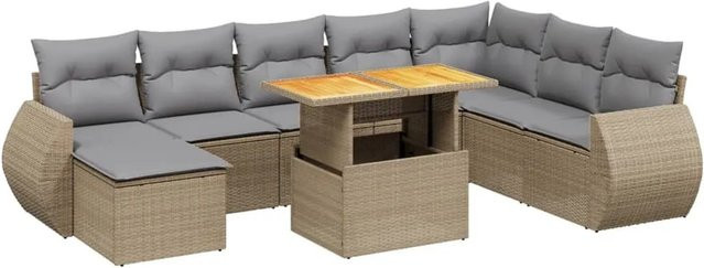 vidaXL 9-tlg. Garten-Sofagarnitur in L-Form aus Poly-Rattan und Akazienholz mit Kissen in Beige - Bild 1