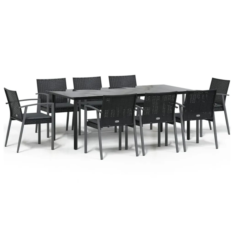 vidaXL 9-teilige Garten-Essgruppe aus Poly Rattan und Stahl in Schwarz und Grau mit Kissen und Glastisch - Bild 2