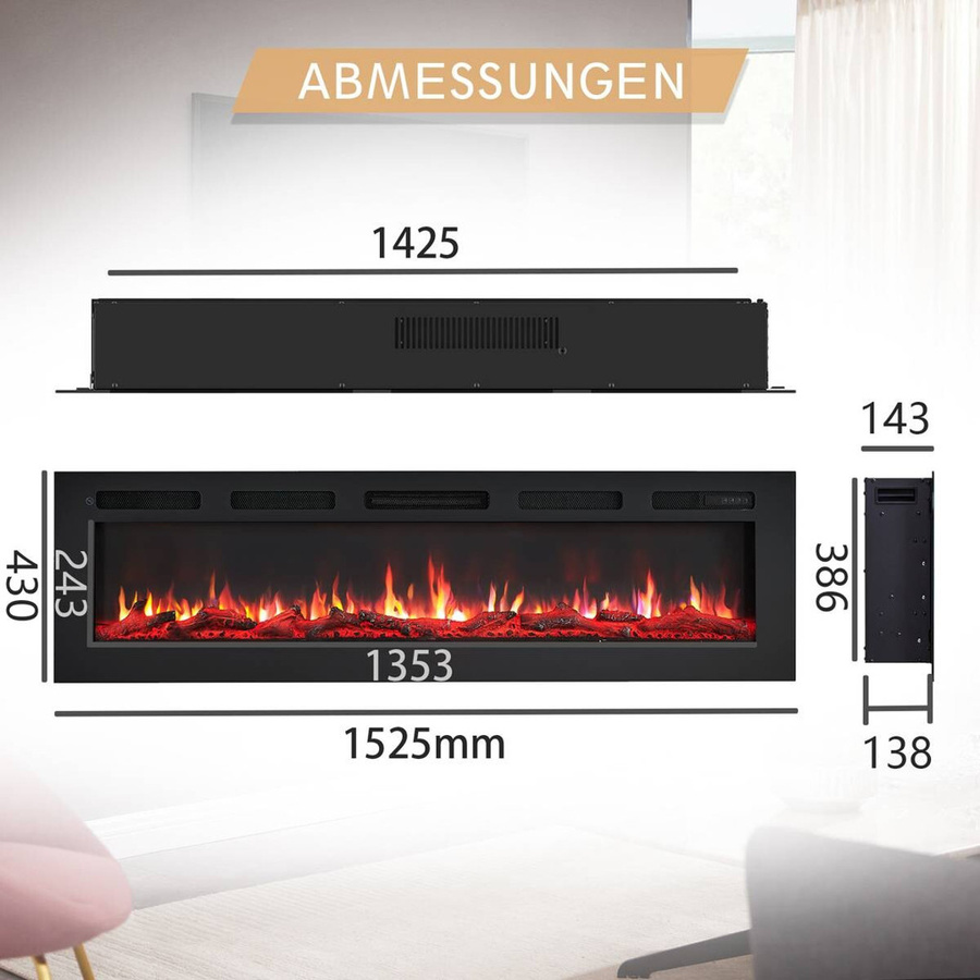 Balderia Elektrokamin Leif 60 in Schwarz, Wand- Stand- oder Einbaugerät, B/H/T: 142,5 x 38,6 x 13,8 cm - Bild 4