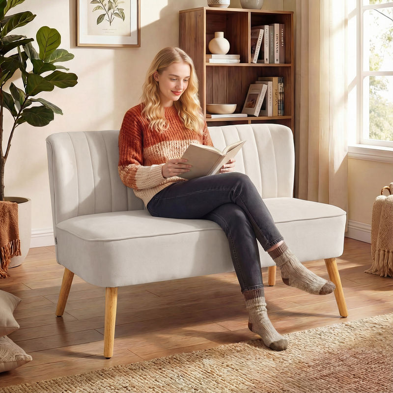 HOMCOM 2-Sitzer Sofa Modernes Polstersofa mit Samt-Optik in Cremeweiß, B/T/H: 117 x 56,5 x 77 cm - Bild 2