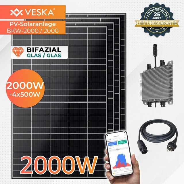 VESKA Balkonkraftwerk 2000W/2000W Bifazial Photovoltaik Solaranlage mit WIFI Smarte Mini-PV Anlage in Schwarz - Bild 1