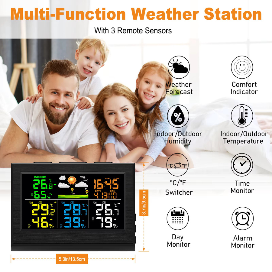 Urageuxy Drahtlose Wetterstation in Schwarz mit 3 Sensoren, Wecker, Innen- und Außenthermometer, Hygrometer sowie Wettervorhersage und 300 Fuß Reichweite - Bild 2