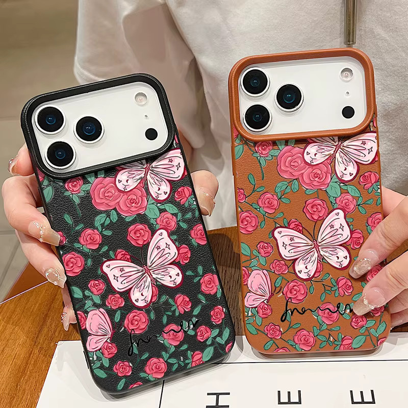 MOESOE Handyhülle mit romantischem Gartenmuster für iPhone 17 16 15 14 13 12 11 Pro Max in Grau und Multicolour, stoßfeste Lederstruktur aus TPU - Bild 1