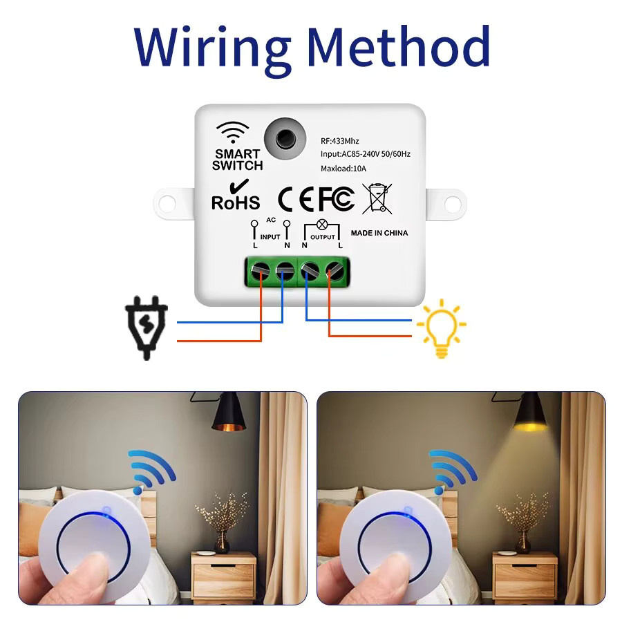 GGBEE Drahtlose Fernbedienung Lichtschalter RF433Mhz mit 10A Relais Controller, Rundes Wandpanel aus Kunststoff in Weiß für LED Lampen AC100-240V - Bild 2